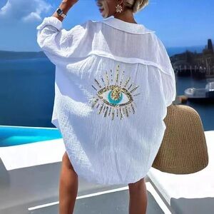 Fashion | White Oversized Cotton Blend Evil Eye Button Down Cover Up Shirt